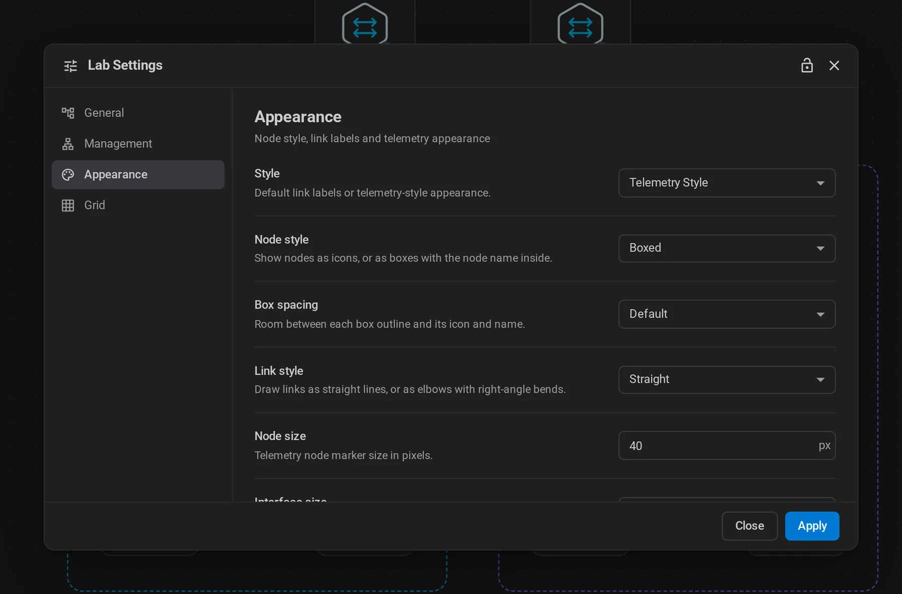 Lab Settings, Appearance tab