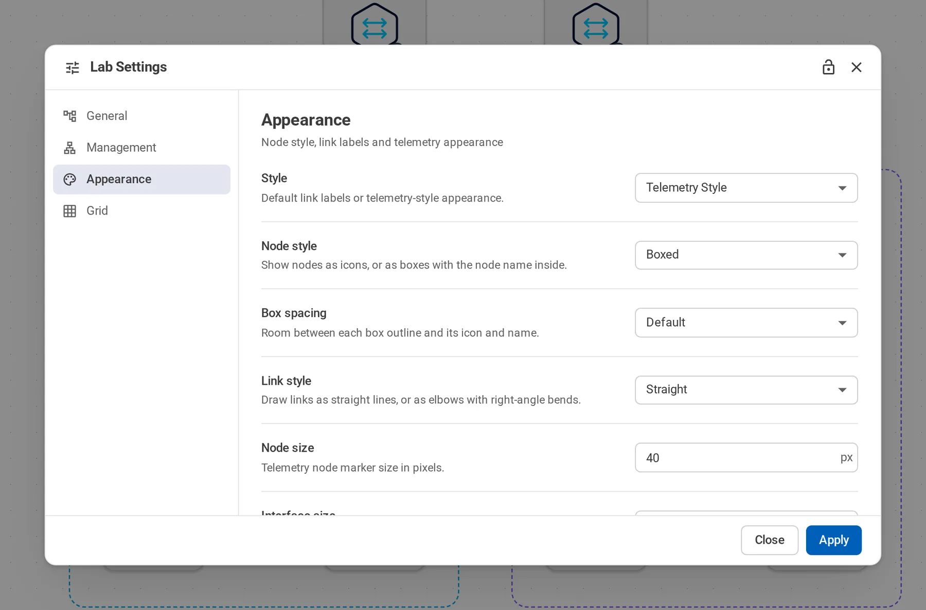 Lab Settings, Appearance tab
