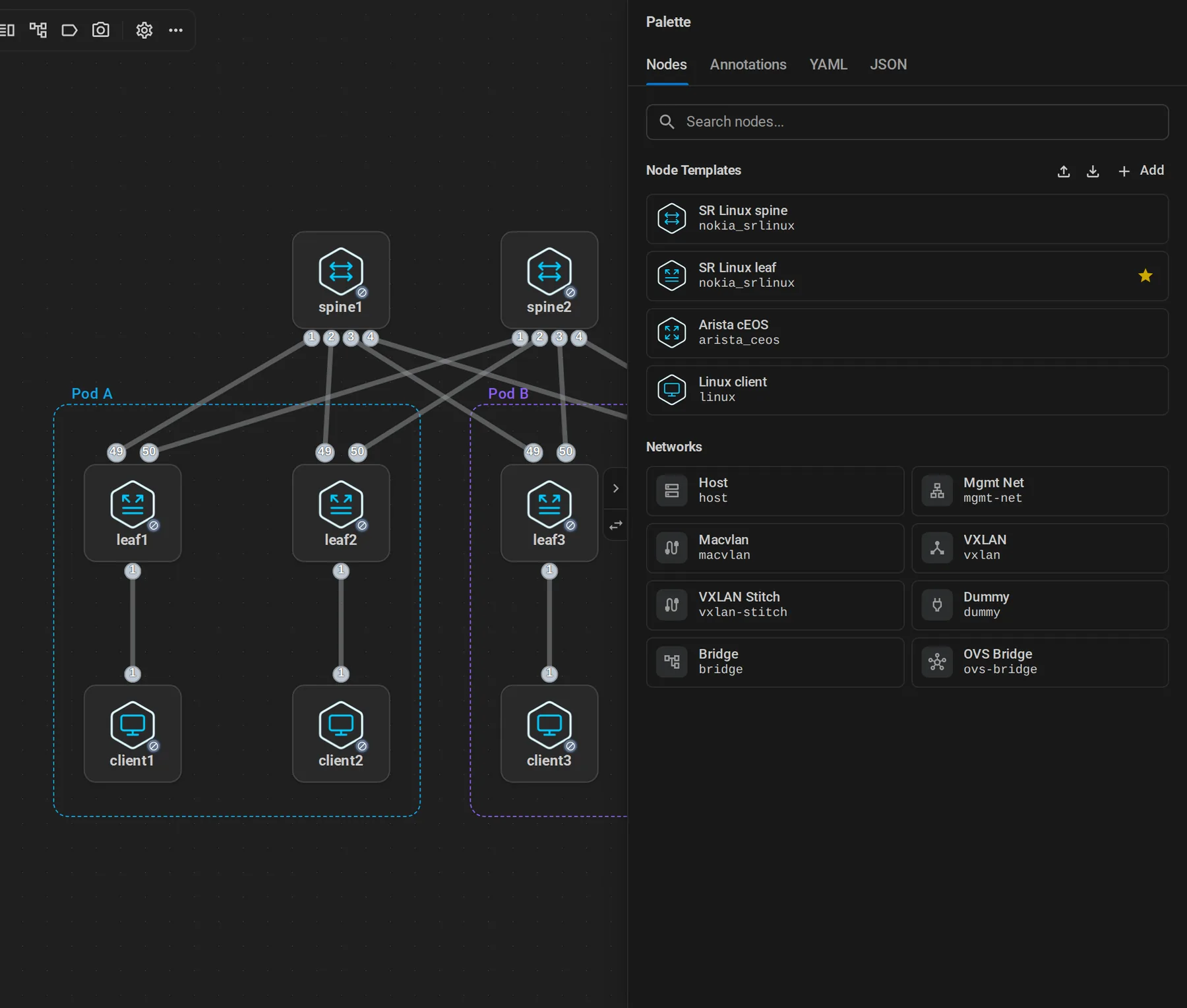 The palette with node templates